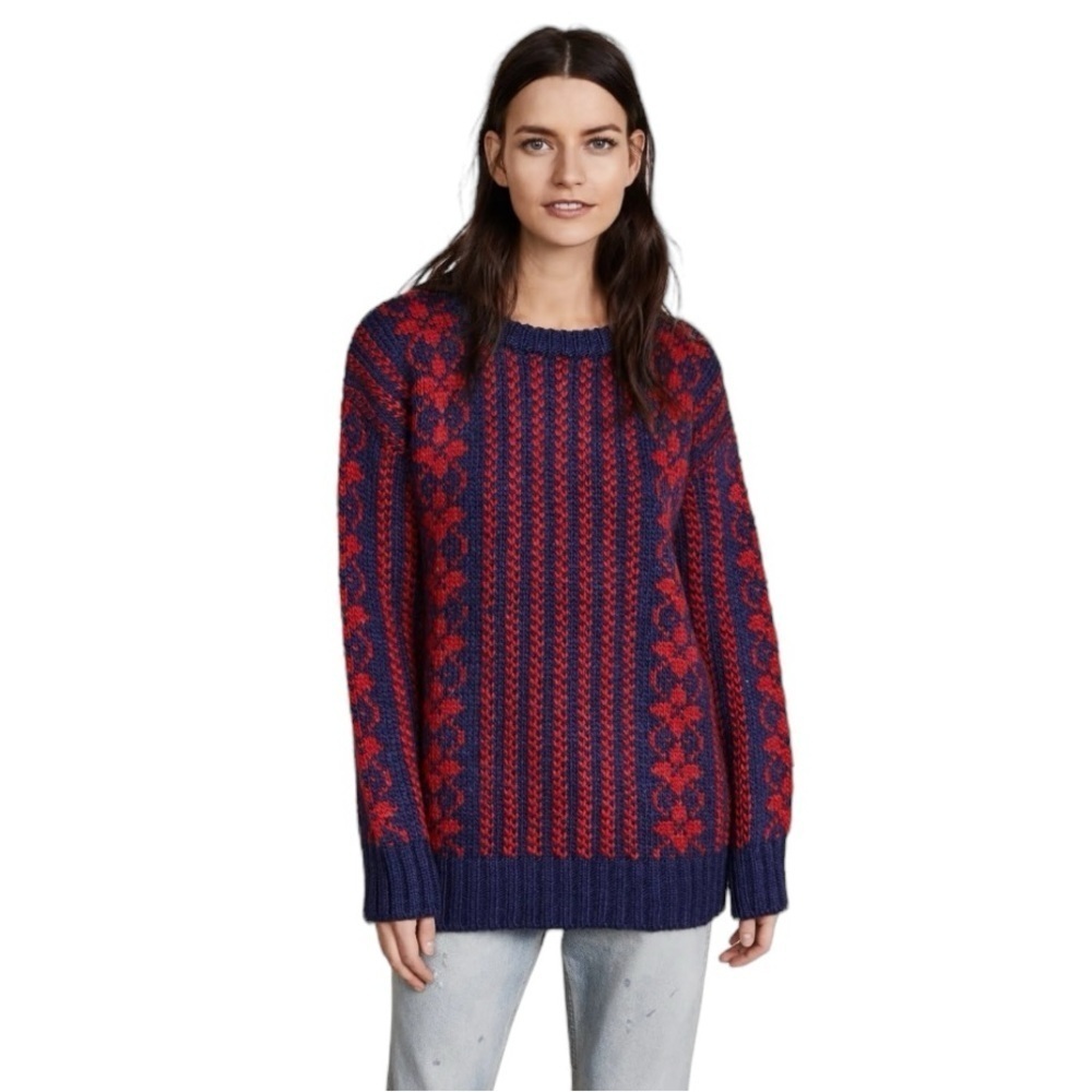 Anine Bing Navy and Red Patterned Crewneck Sweater